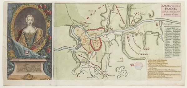 Plan of the Siege of Prague in 1742 with a portrait of Maria Theresa